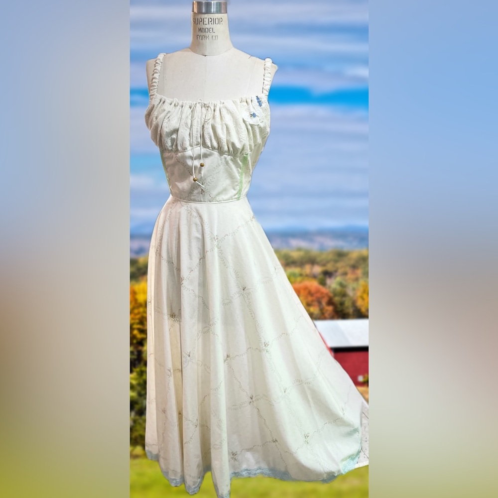 Classic Milkmaid-Style Dress Utilizing Vintage Lattice Floral Bedsheet Fabric